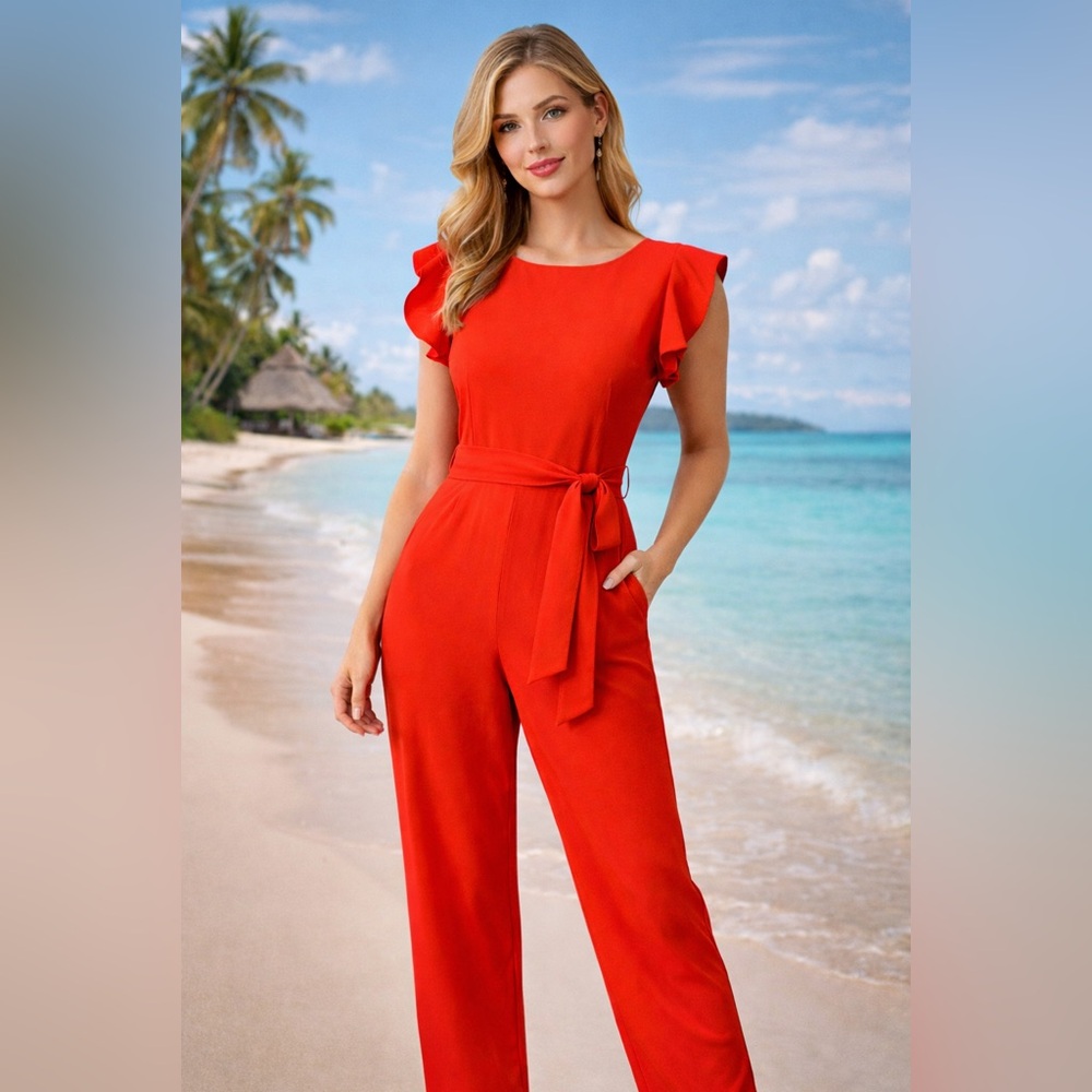 Calvin Klein Orange Cropped Jumpsuit Sz 4 NWOT Tie Waist Split Flutter Sleeve